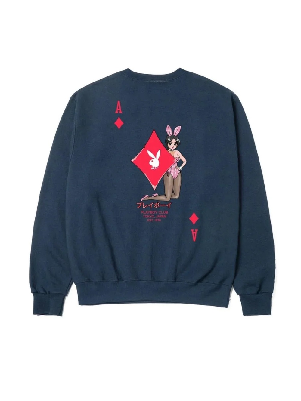 PLAYBOY Navy Crewneck Sweatshirt with Pink Bunny Ace Graphic